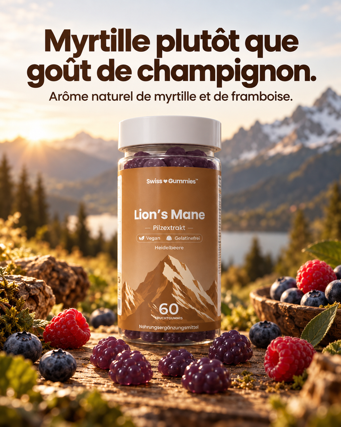 Swiss Gummies Lion's Mane: Myrtille plutôt que goût de champignon. Arôme naturel de myrtille et de framboise.