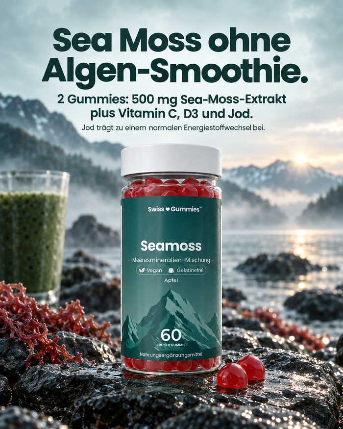Swiss Gummies Seamoss: Sea Moss ohne Algen-Smoothie. 2 Gummies: 500 mg Sea-Moss-Extrakt plus Vitamin C, D3 und Jod.