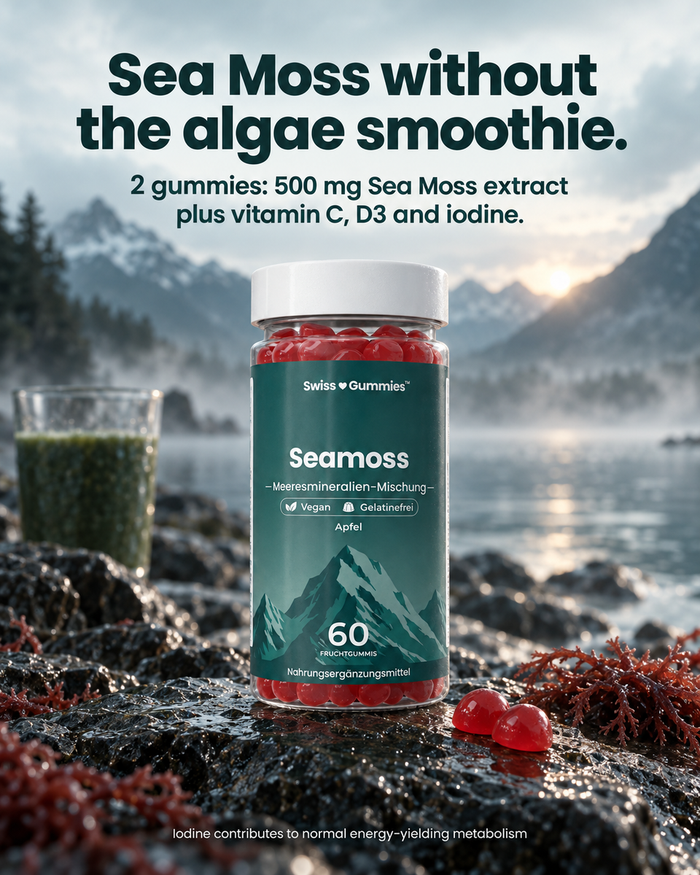 Swiss Gummies Seamoss: Sea Moss without the algae smoothie. 2 gummies: 500 mg Sea Moss extract plus vitamin C, D3 and iodine.