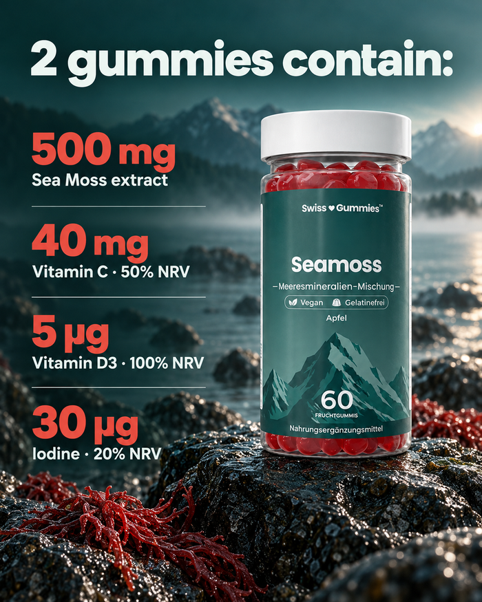Swiss Gummies Seamoss: 2 gummies contain: