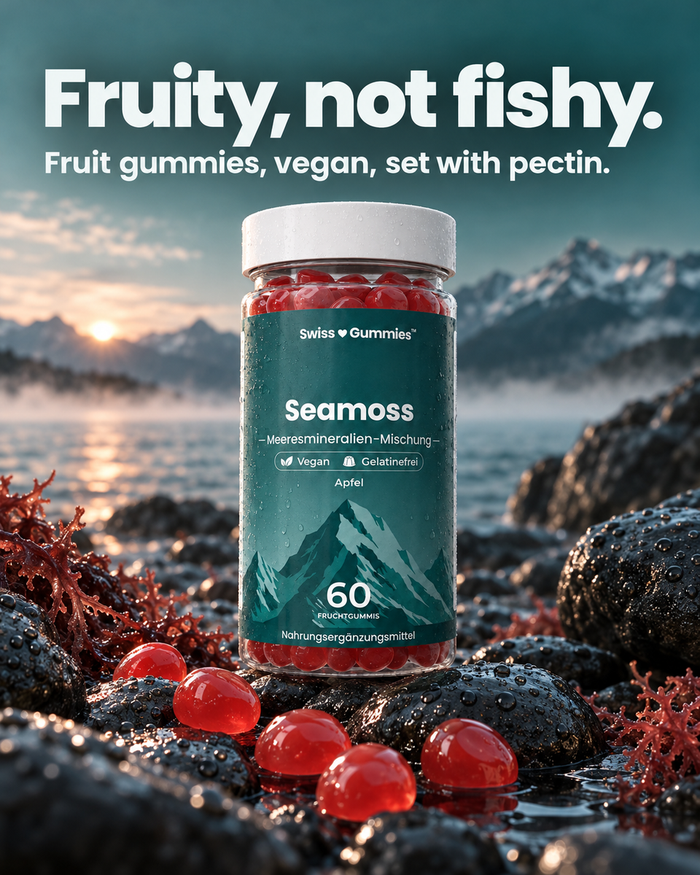 Swiss Gummies Seamoss: Fruity, not fishy. Fruit gummies, vegan, set with pectin.