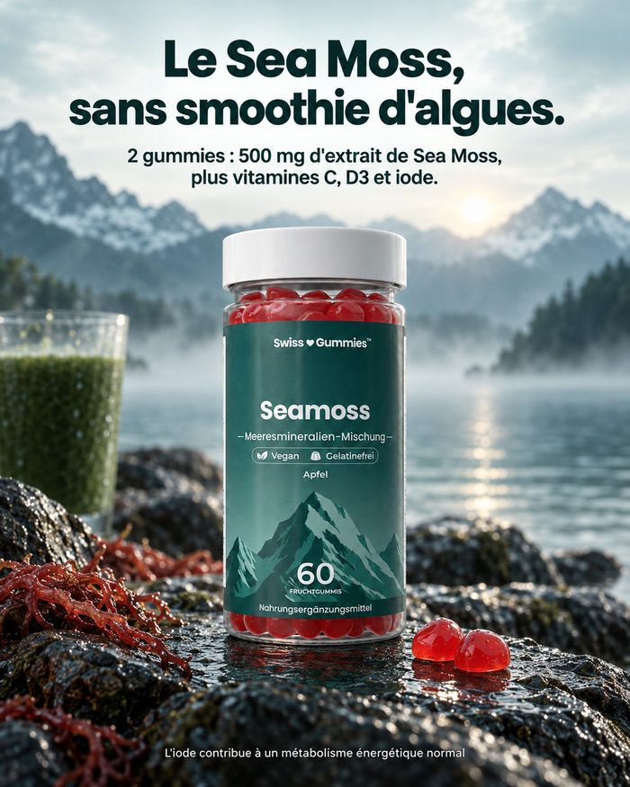 Swiss Gummies Seamoss: Le Sea Moss, sans smoothie d'algues. 2 gummies : 500 mg d'extrait de Sea Moss, plus vitamines C, D3 et iode.