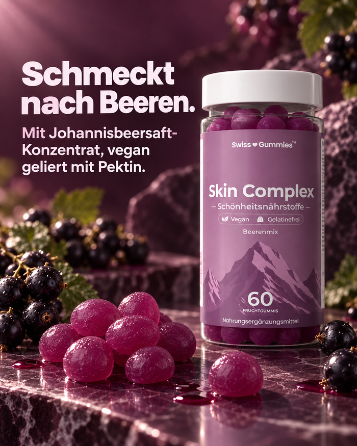 Swiss Gummies Skin Complex: Schmeckt nach Beeren. Mit Johannisbeersaft-Konzentrat, vegan geliert mit Pektin.