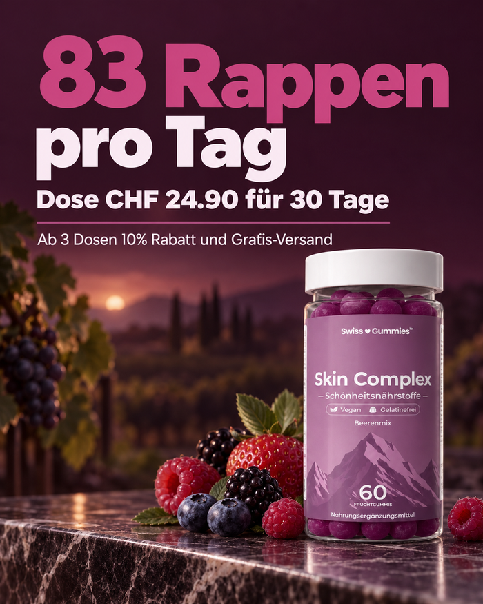 Swiss Gummies Skin Complex: 83 Rappen pro Tag Dose CHF 24.90 für 30 Tage