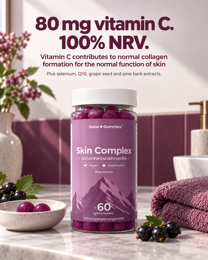 Swiss Gummies Skin Complex: 80 mg vitamin C. 100% NRV. Vitamin C contributes to normal collagen formation for the normal function of skin
