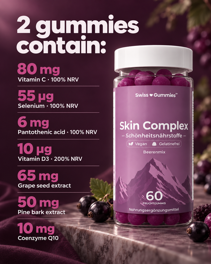 Swiss Gummies Skin Complex: 2 gummies contain: