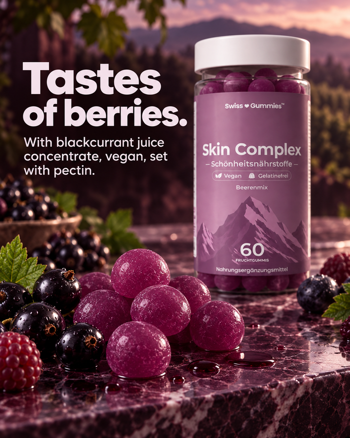 Swiss Gummies Skin Complex: Tastes of berries. With blackcurrant juice concentrate, vegan, set with pectin.