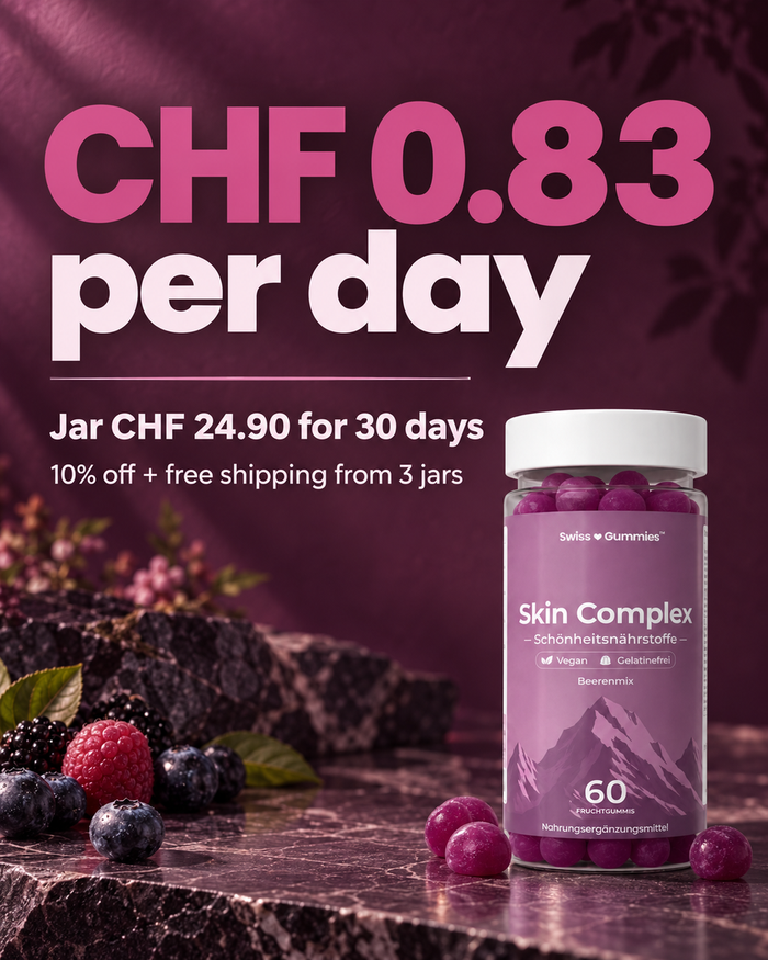 Swiss Gummies Skin Complex: CHF 0.83 per day Jar CHF 24.90 for 30 days