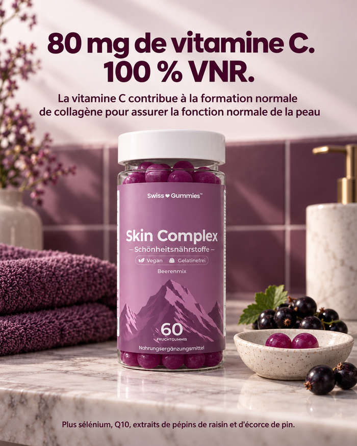 Swiss Gummies Skin Complex: 80 mg de vitamine C. 100 % VNR. La vitamine C contribue à la formation normale de collagène pour assurer la fonction normale de la peau