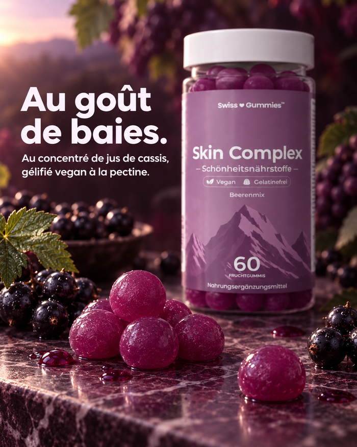 Swiss Gummies Skin Complex: Au goût de baies. Au concentré de jus de cassis, gélifié vegan à la pectine.