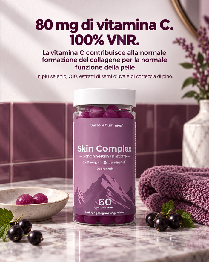 Swiss Gummies Skin Complex: 80 mg di vitamina C. 100% VNR. La vitamina C contribuisce alla normale formazione del collagene per la normale funzione della pelle