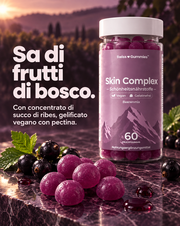 Swiss Gummies Skin Complex: Sa di frutti di bosco. Con concentrato di succo di ribes, gelificato vegano con pectina.