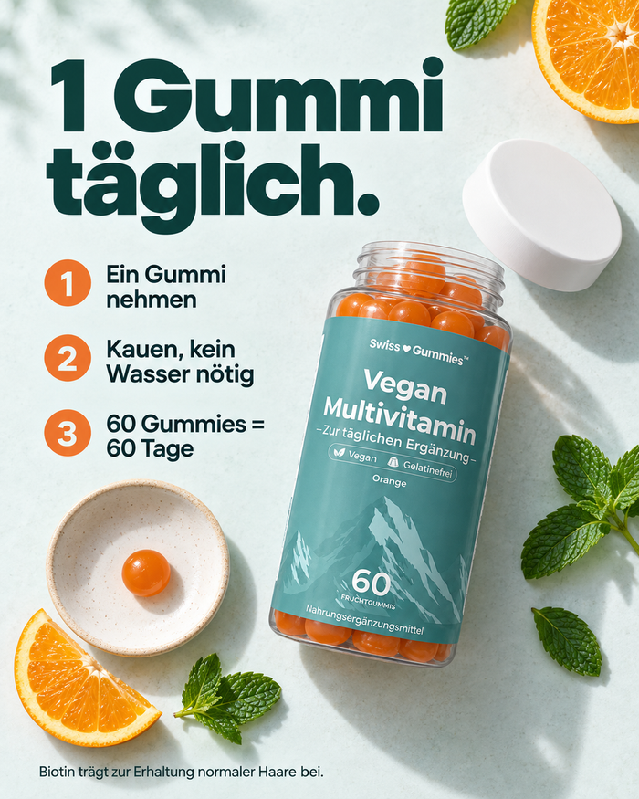 Swiss Gummies Vegan Multivitamin: 1 Gummi täglich.
