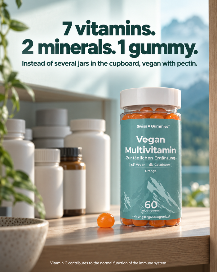 Swiss Gummies Vegan Multivitamin: 7 vitamins. 2 minerals. 1 gummy. Instead of several jars in the cupboard, vegan with pectin.