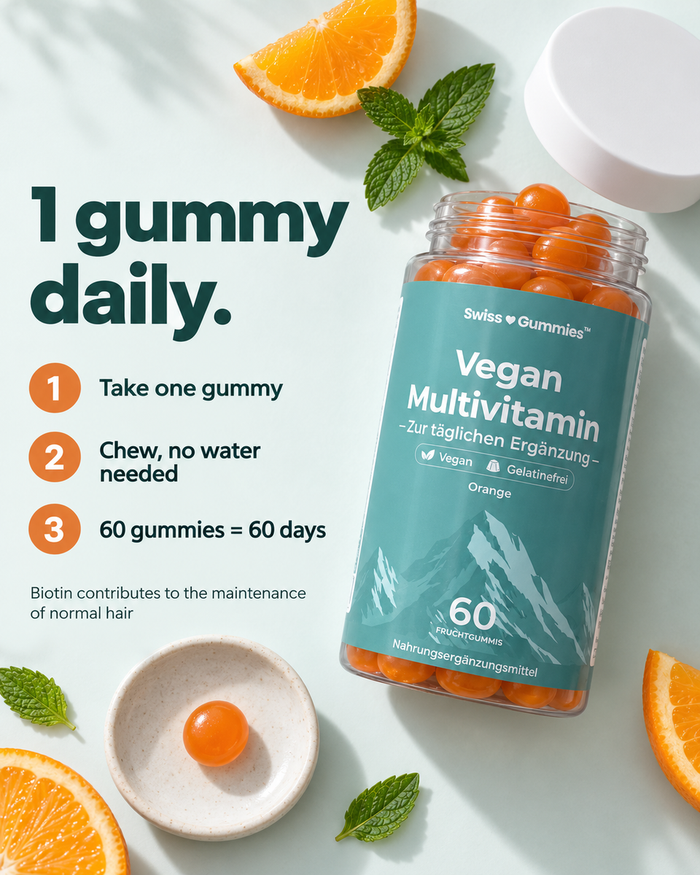 Swiss Gummies Vegan Multivitamin: 1 gummy daily.