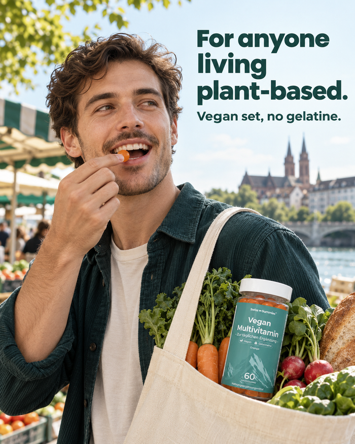 Swiss Gummies Vegan Multivitamin: For anyone living plant-based. Vegan set, no gelatine.