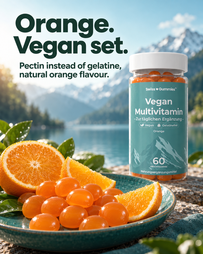Swiss Gummies Vegan Multivitamin: Orange. Vegan set. Pectin instead of gelatine, natural orange flavour.