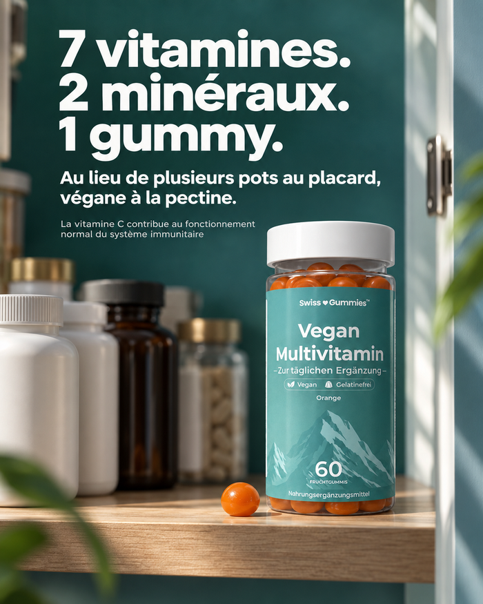 Swiss Gummies Vegan Multivitamin: 7 vitamines. 2 minéraux. 1 gummy. Au lieu de plusieurs pots au placard, végane à la pectine.