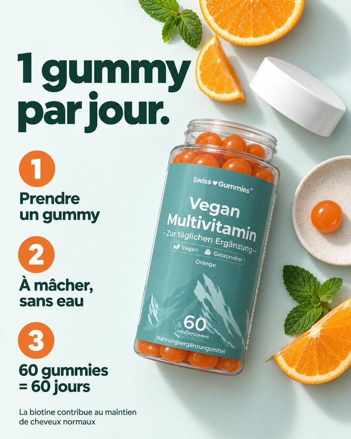 Swiss Gummies Vegan Multivitamin: 1 gummy par jour.