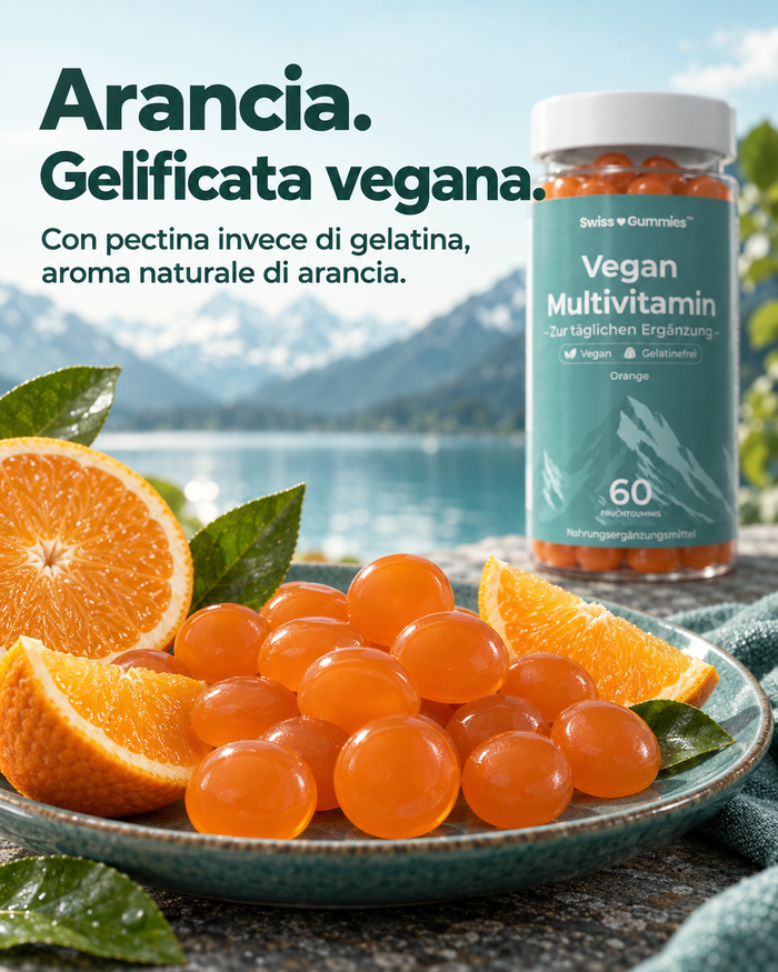 Swiss Gummies Vegan Multivitamin: Arancia. Gelificata vegana. Con pectina invece di gelatina, aroma naturale di arancia.
