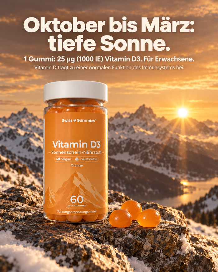 Swiss Gummies Vitamin D3: Oktober bis März: tiefe Sonne. 1 Gummi: 25 µg (1000 IE) Vitamin D3. Für Erwachsene.