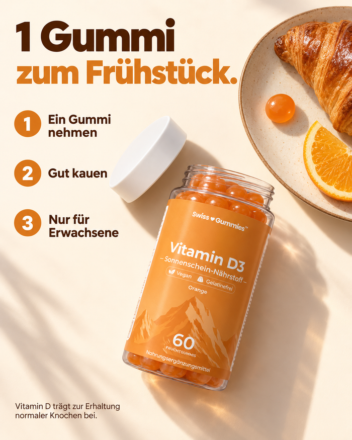 Swiss Gummies Vitamin D3: 1 Gummi zum Frühstück.
