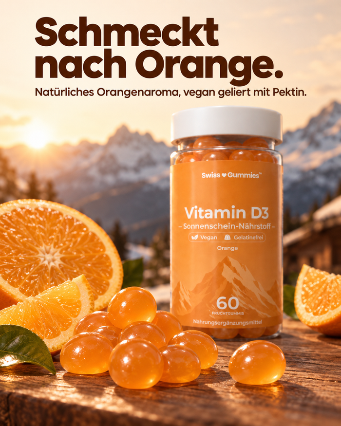 Swiss Gummies Vitamin D3: Schmeckt nach Orange. Natürliches Orangenaroma, vegan geliert mit Pektin.