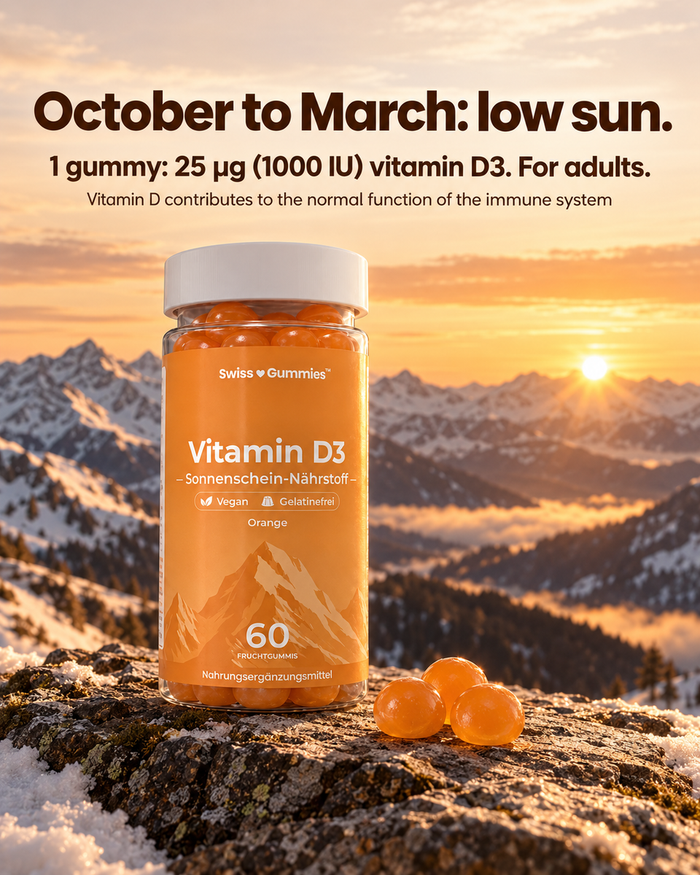Swiss Gummies Vitamin D3: October to March: low sun. 1 gummy: 25 µg (1000 IU) vitamin D3. For adults.