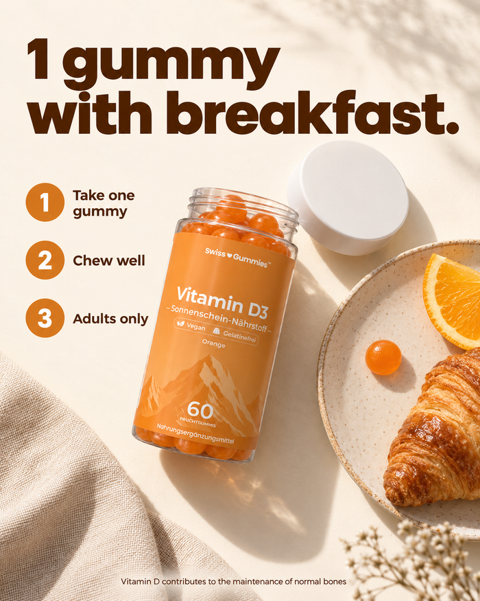 Swiss Gummies Vitamin D3: 1 gummy with breakfast.
