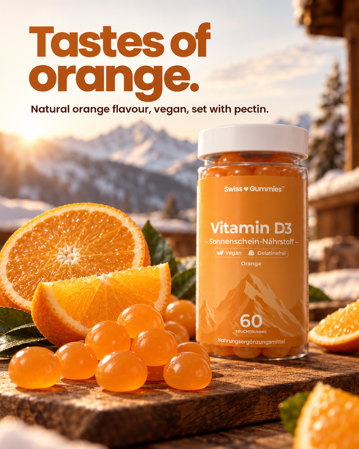 Swiss Gummies Vitamin D3: Tastes of orange. Natural orange flavour, vegan, set with pectin.