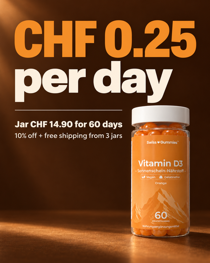 Swiss Gummies Vitamin D3: CHF 0.25 per day Jar CHF 14.90 for 60 days