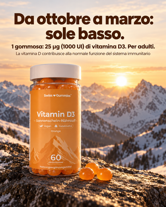 Swiss Gummies Vitamin D3: Da ottobre a marzo: sole basso. 1 gommosa: 25 µg (1000 UI) di vitamina D3. Per adulti.