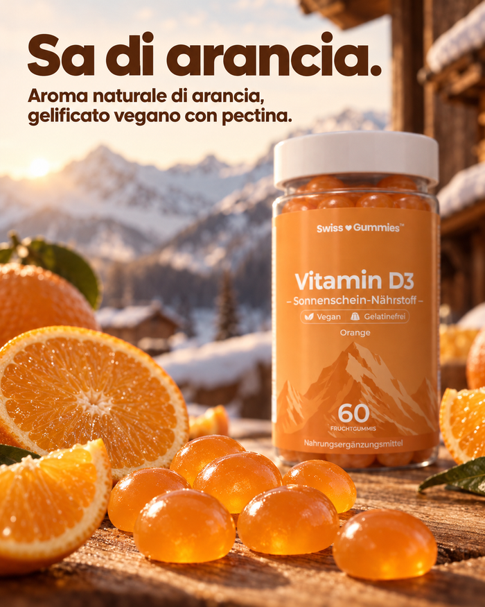 Swiss Gummies Vitamin D3: Sa di arancia. Aroma naturale di arancia, gelificato vegano con pectina.