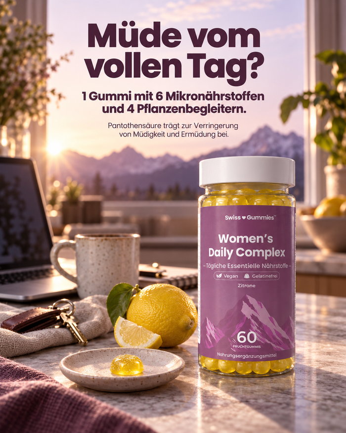 Swiss Gummies Women's Daily Complex: Müde vom vollen Tag? 1 Gummi mit 6 Mikronährstoffen und 4 Pflanzenbegleitern.