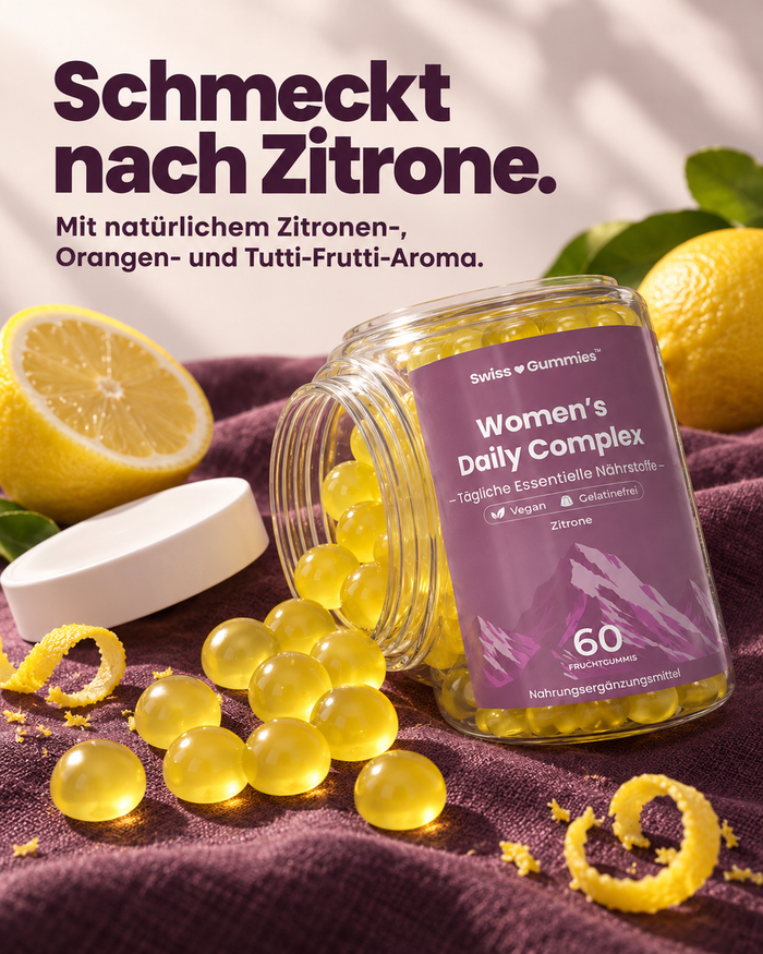 Swiss Gummies Women's Daily Complex: Schmeckt nach Zitrone. Mit natürlichem Zitronen-, Orangen- und Tutti-Frutti-Aroma.