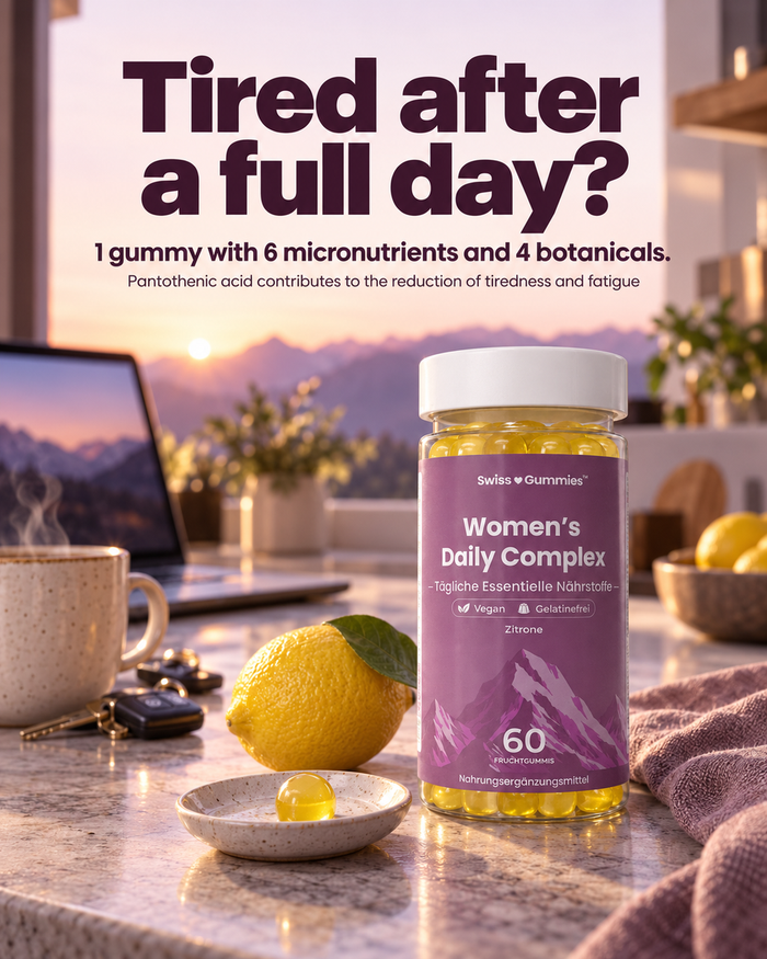 Swiss Gummies Women's Daily Complex: Tired after a full day? 1 gummy with 6 micronutrients and 4 botanicals.