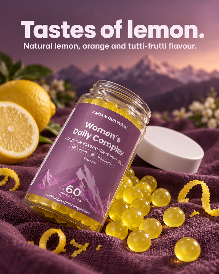 Swiss Gummies Women's Daily Complex: Tastes of lemon. Natural lemon, orange and tutti-frutti flavour.