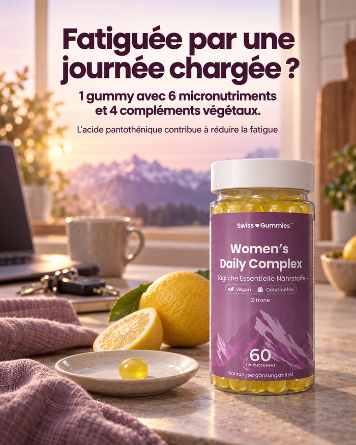 Swiss Gummies Women's Daily Complex: Fatiguée par une journée chargée ? 1 gummy avec 6 micronutriments et 4 compléments végétaux.