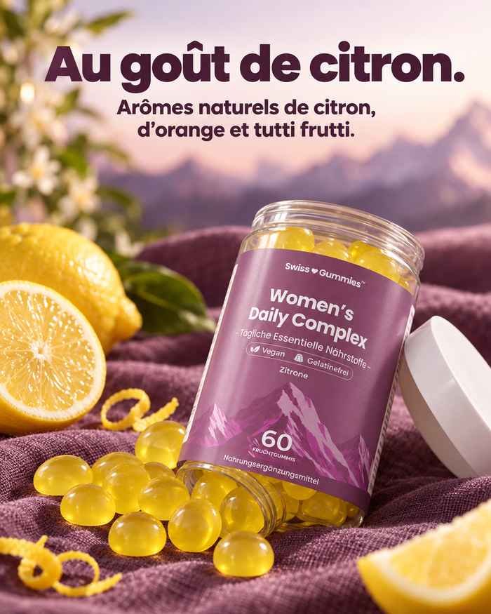 Swiss Gummies Women's Daily Complex: Au goût de citron. Arômes naturels de citron, d'orange et tutti frutti.