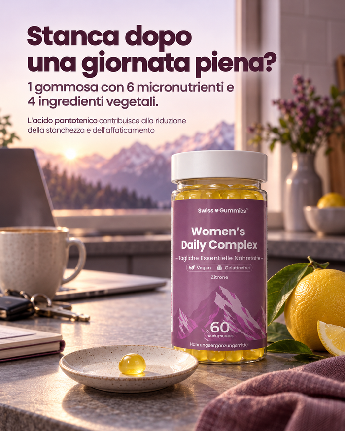 Swiss Gummies Women's Daily Complex: Stanca dopo una giornata piena? 1 gommosa con 6 micronutrienti e 4 ingredienti vegetali.