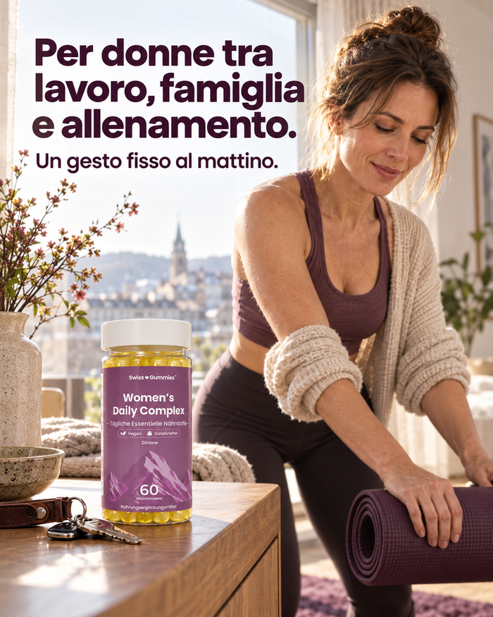Swiss Gummies Women's Daily Complex: Per donne tra lavoro, famiglia e allenamento. Un gesto fisso al mattino.