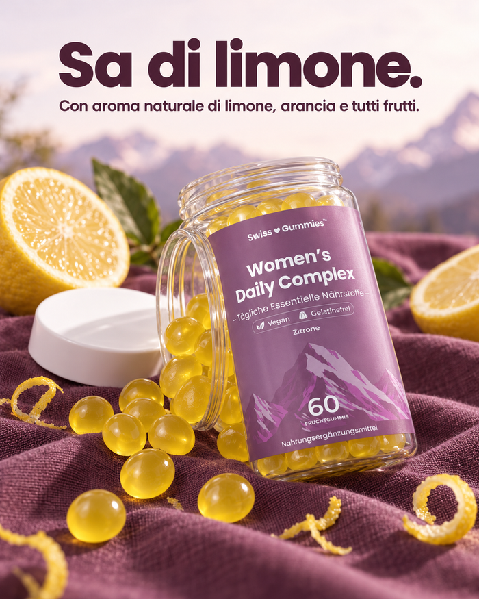Swiss Gummies Women's Daily Complex: Sa di limone. Con aroma naturale di limone, arancia e tutti frutti.