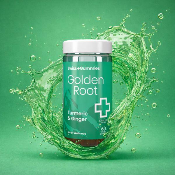 Swiss Gummies Golden Root Turmeric & Ginger supplement bottle with green liquid splash on a green background